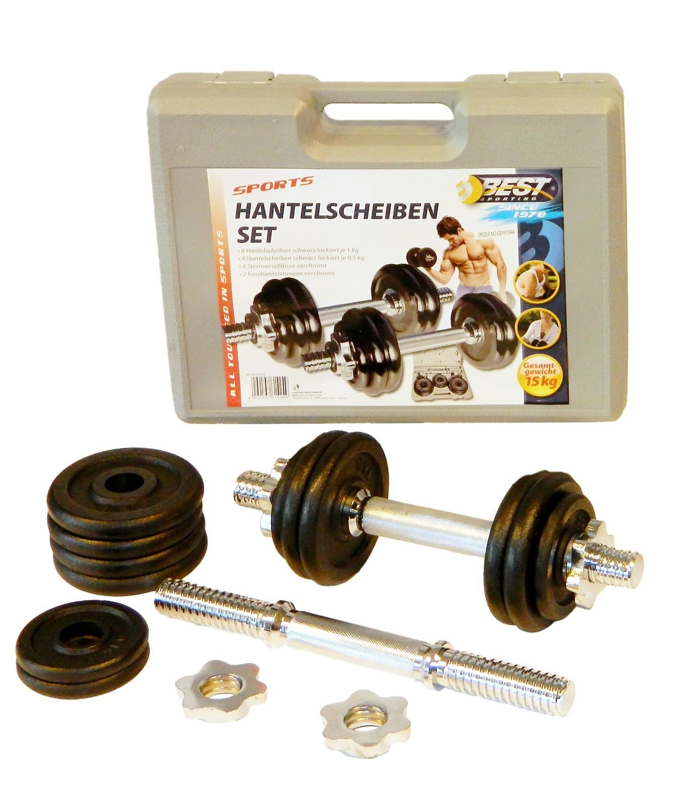 Best Sporting Hantel-Set 2er Hantelset Kurzhantel Hantelkoffer Set 15 kg aus Gusseisen mit Stellringen, Hanteln verstellbar für Männer und Frauen - Für Dein Workout mit Dumbbells - Adjustable Dumbbell Set