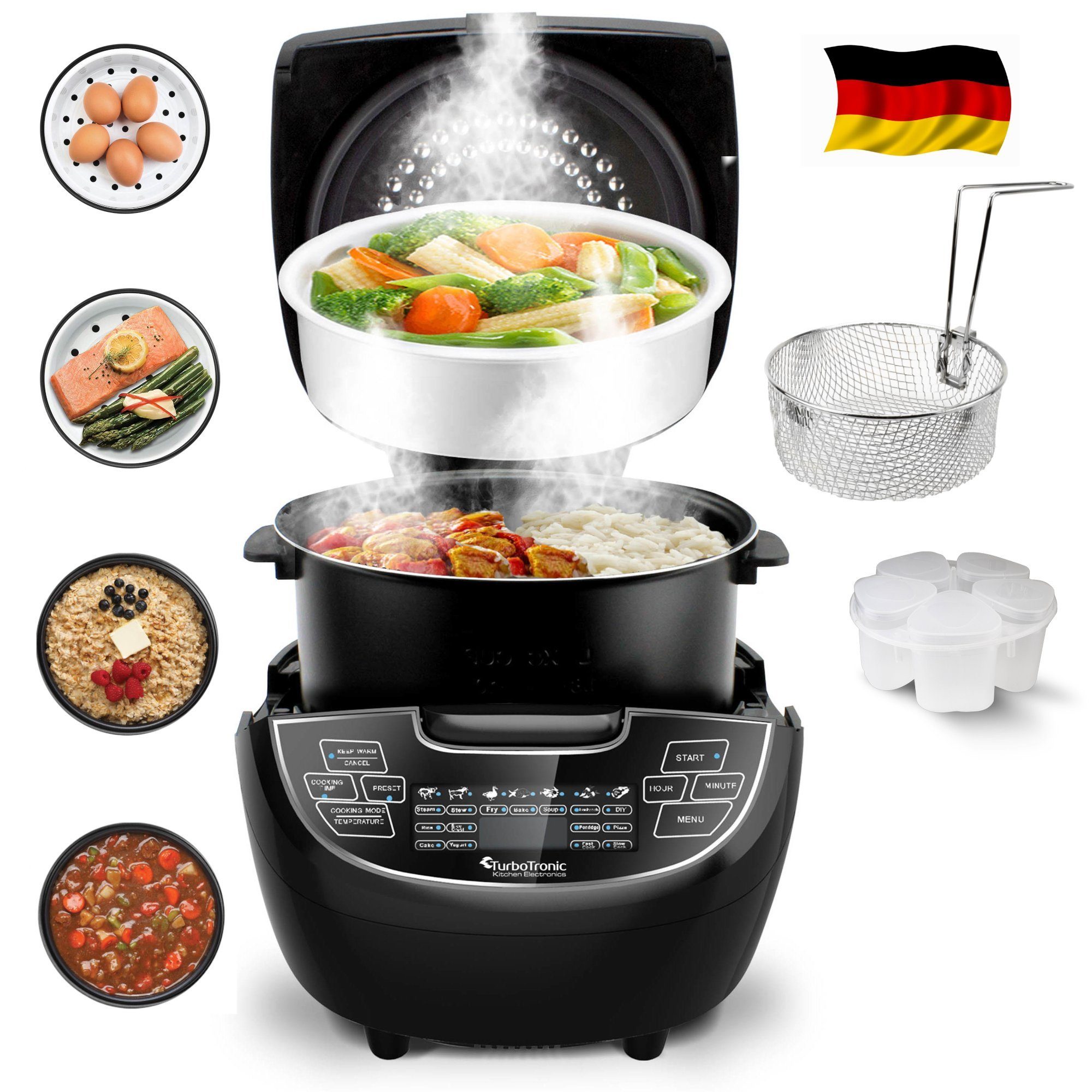 TurboTronic by Z-Line Multikocher 5 Liter Dampfgarer, japanischer Reiskocher Slowcooker mit Timer, 860 W, Schwarz Digital für Milchreis Multivarka Schongarer