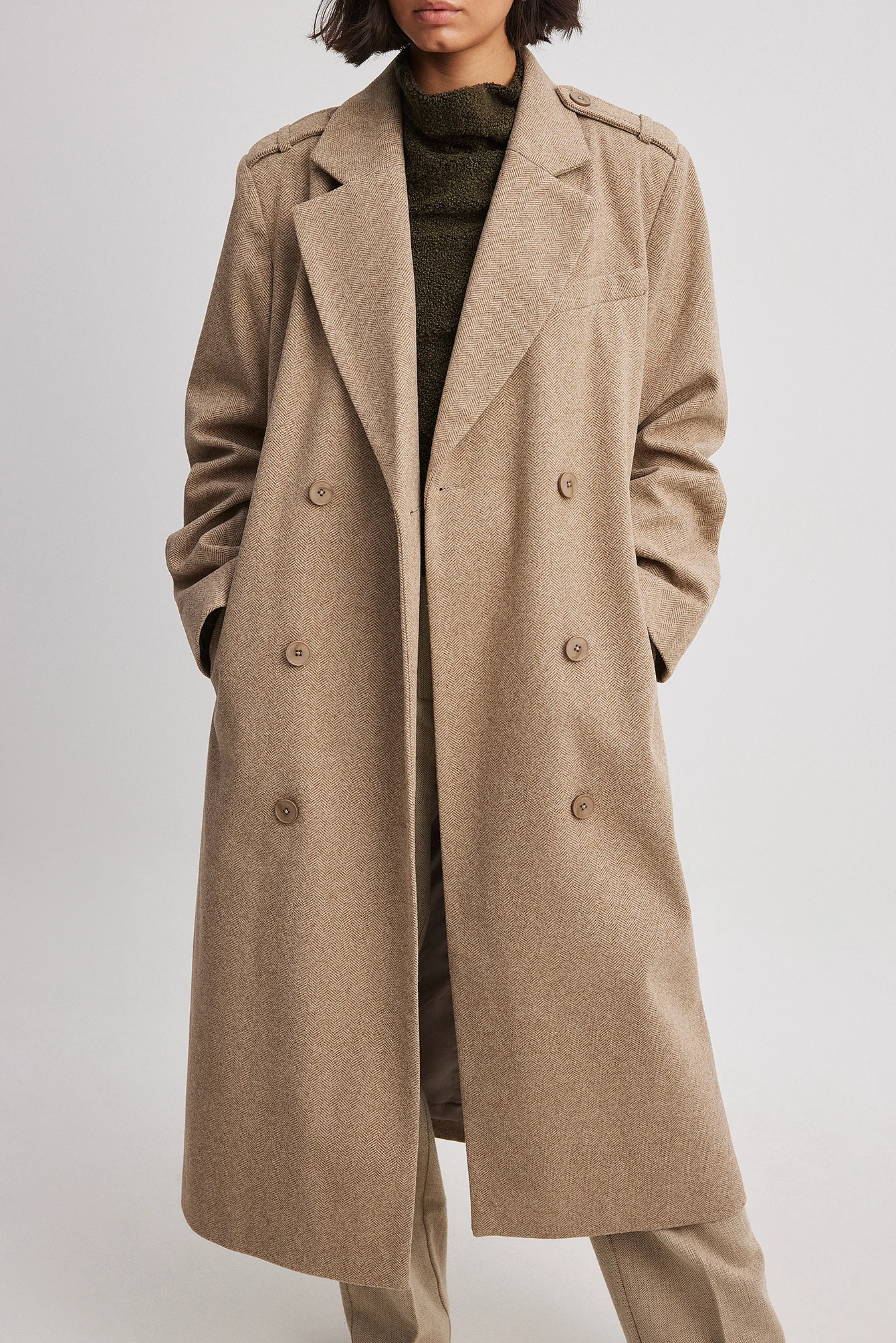 Langer Trenchcoat mit Fischgrätmuster