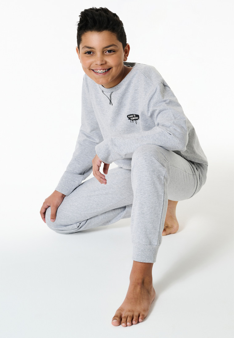 Schlafanzug lang Sweatwear Bündchen grau-meliert - Nightwear