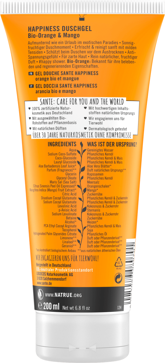 Duschgel Happiness Bio-Orange & Mango, 200 ml