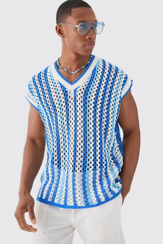 Kastiges gestreiftes Oversize Pullunder mit V-Ausschnitt