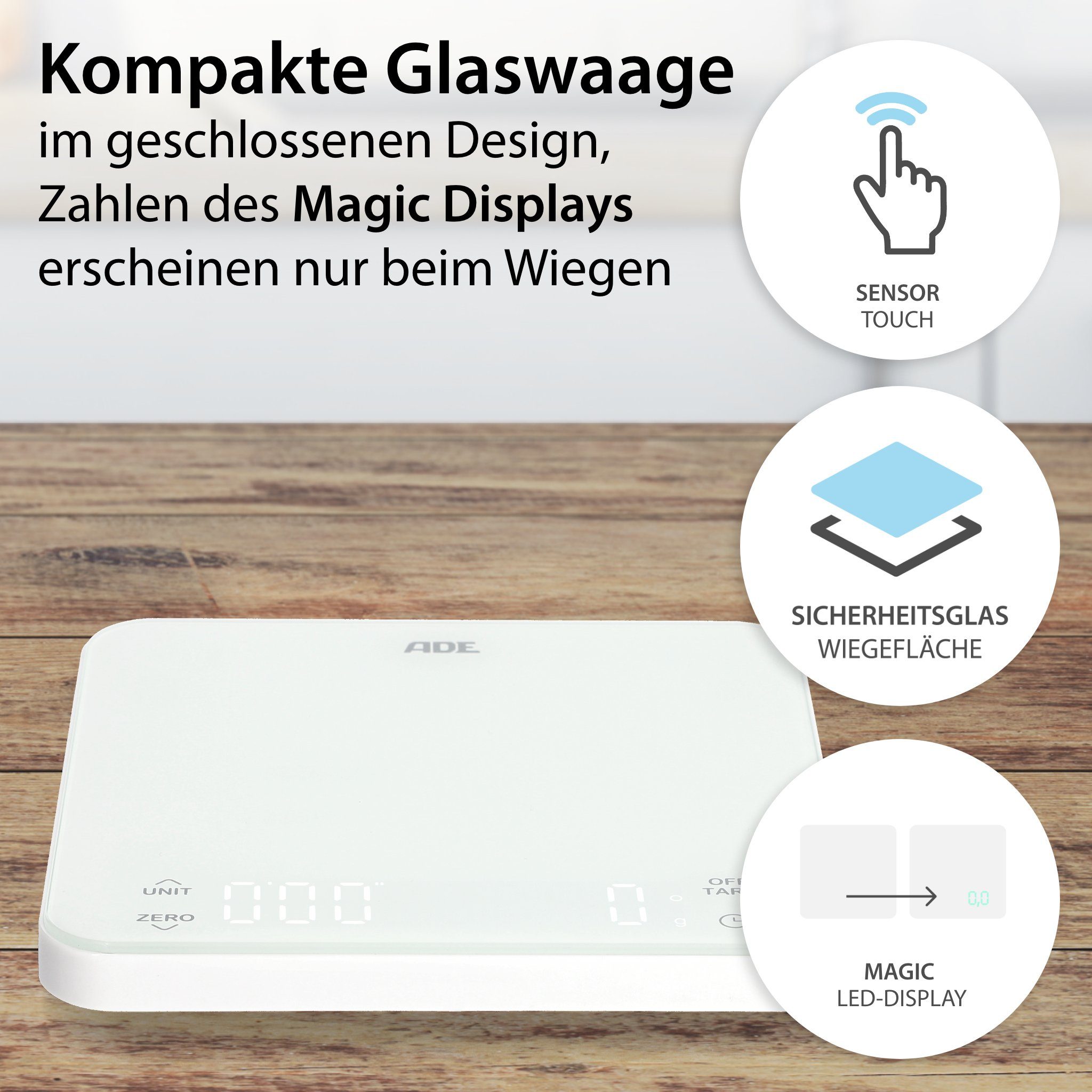 ADE Küchenwaage KE2100 Digitale Waage mit Akku (Aufladen per USB-Kabel), Aufladung per USB-Kabel, integriertem Timer, perfekt als Kaffeewaage
