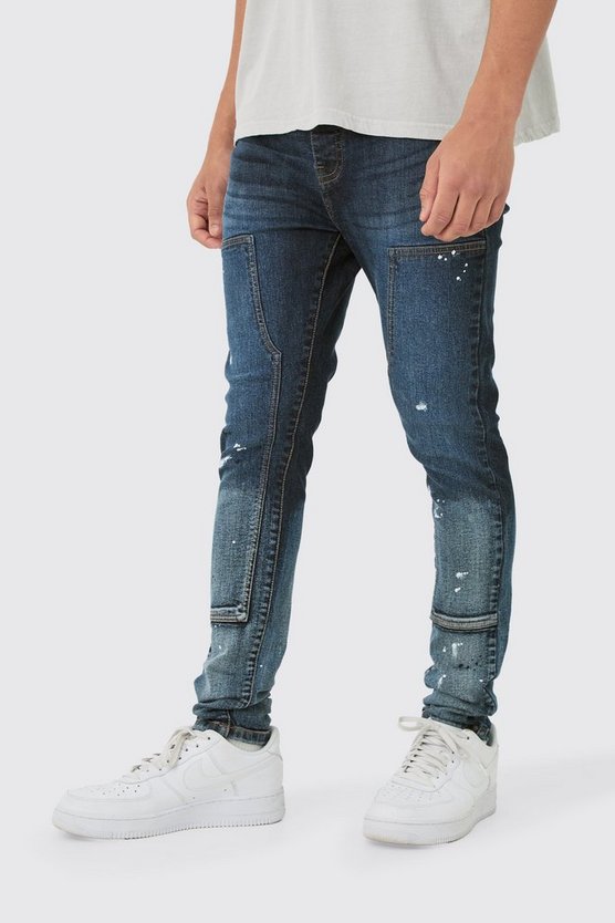 Super Skinny Stretch Jeans mit Farbspritzern und blauem Farbverlauf
