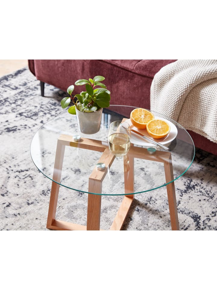 KADIMA DESIGN Couchtisch 58x58x47 cm Sofatisch Eiche Massivholz / Glas Rund, Design günstig kaufen onesize