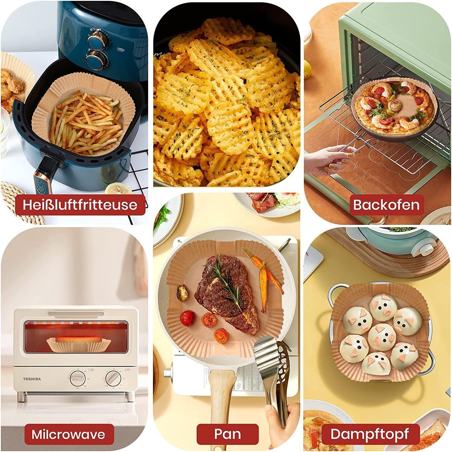 SOTOR Backpapier 200 Stück Backpapier für Heißluftfritteuse, quadratisches Backpapier, Nicht klebend, Einweg, ölbeständig Backpapier Airfryer, 16.5cm/20cm