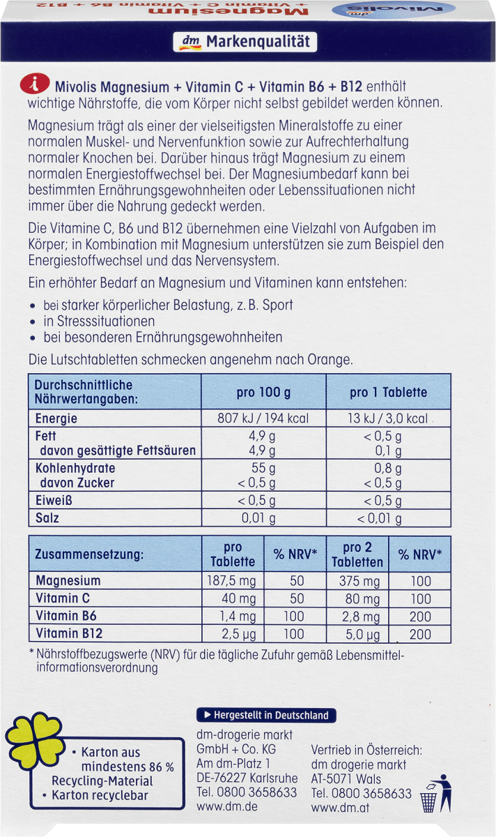 Magnesium + Vitamin C + Vitamin B6 + B12, Lutschtabletten, 30 St., 45 g