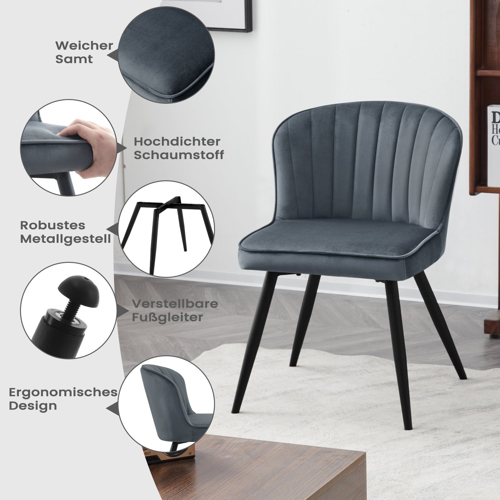 EUGAD 4-Fußstuhl (6 St), Stühle Esszimmer Modern, aus Samt, Metallbeine