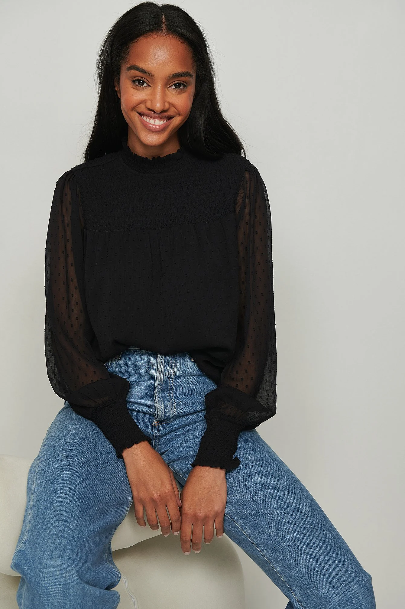 Recycelte ratière Smocked Rüschenausschnitt Bluse