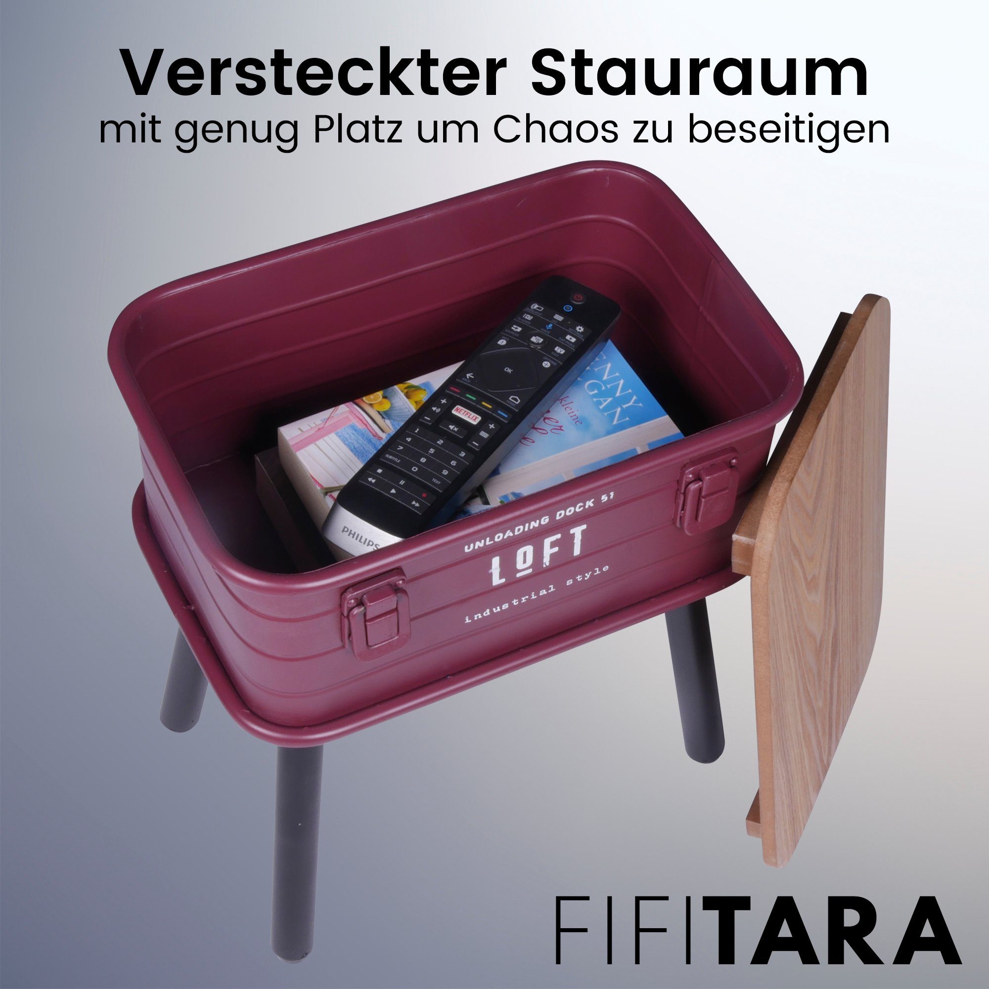 FIFITARA Beistelltisch rot, Retro Nachttisch, Vintage Ablagetisch, Konsolentisch, Metall mit Holzplatte und Stauraum, industrial Design