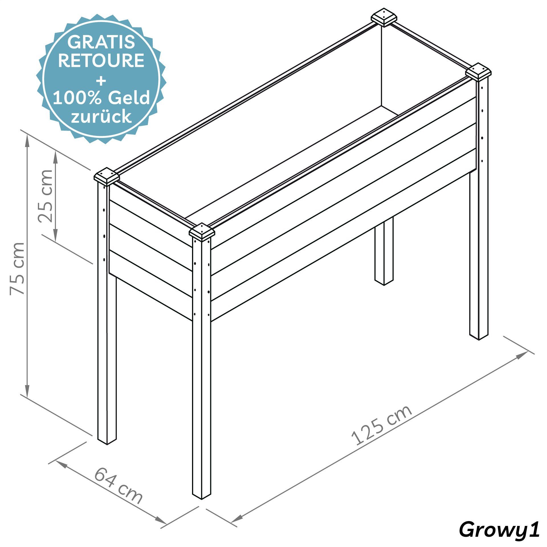 needs&wants® Hochbeet aus Holz für Garten Balkon Terrasse groß, Pflanzkasten Bausatz XL rechteckig schmal mit Vlies-Folie, Kräuterbeet Pflanzenkasten deko, 125 x 64 x 75 cm, dunkel-braun