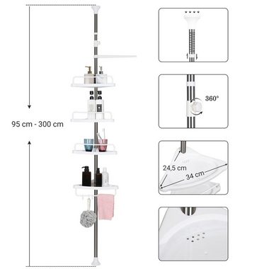SONGMICS Badregal Duschregal, 95-300 cm, 4 Ablagen, 3 Haken, Eckregal