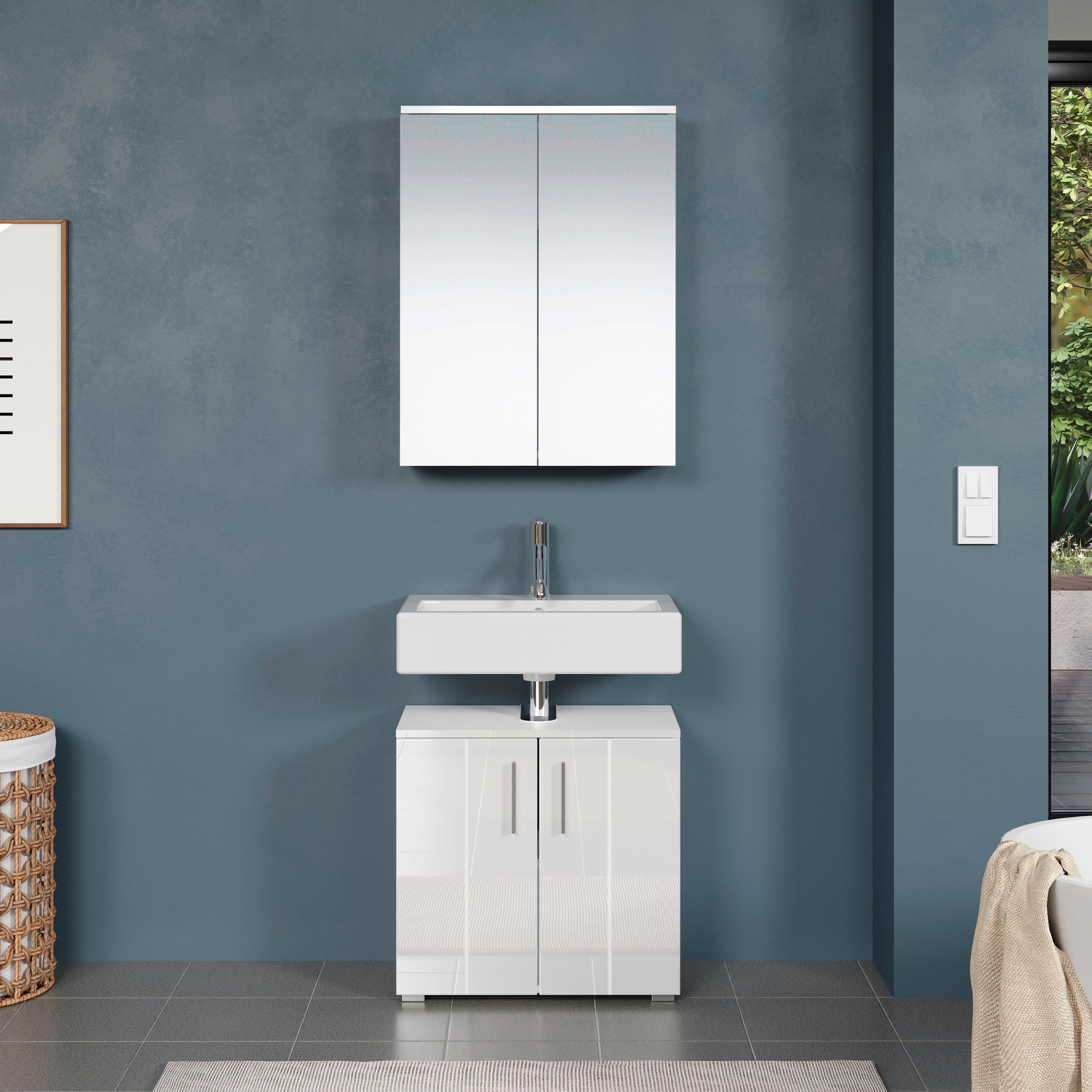 welltime Badezimmer-Set Prag, (Set, 2-St), Waschbeckenunterschrank & Spiegelschrank