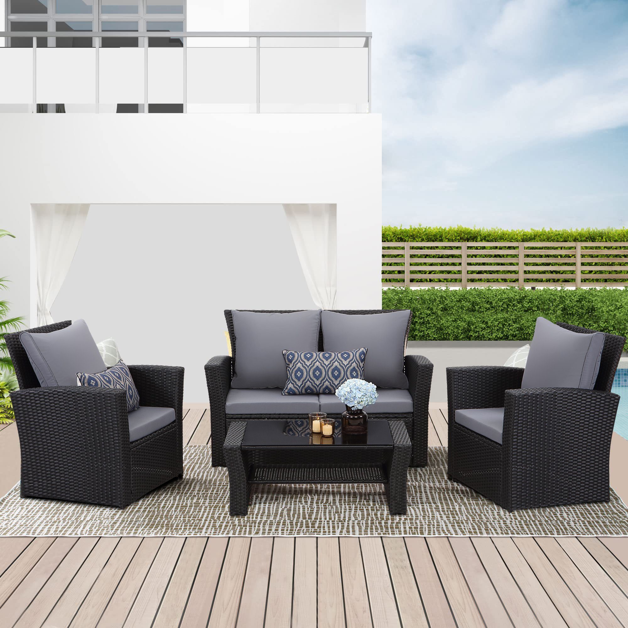 MeXo Gartenlounge-Set, (Sofa Lounge Garnitur Sitzgarnitur, 4-tlg., 2er Sofa, 2 Sessel, Tisch), Loungeset aus Handgeflochtenes Polyrattan