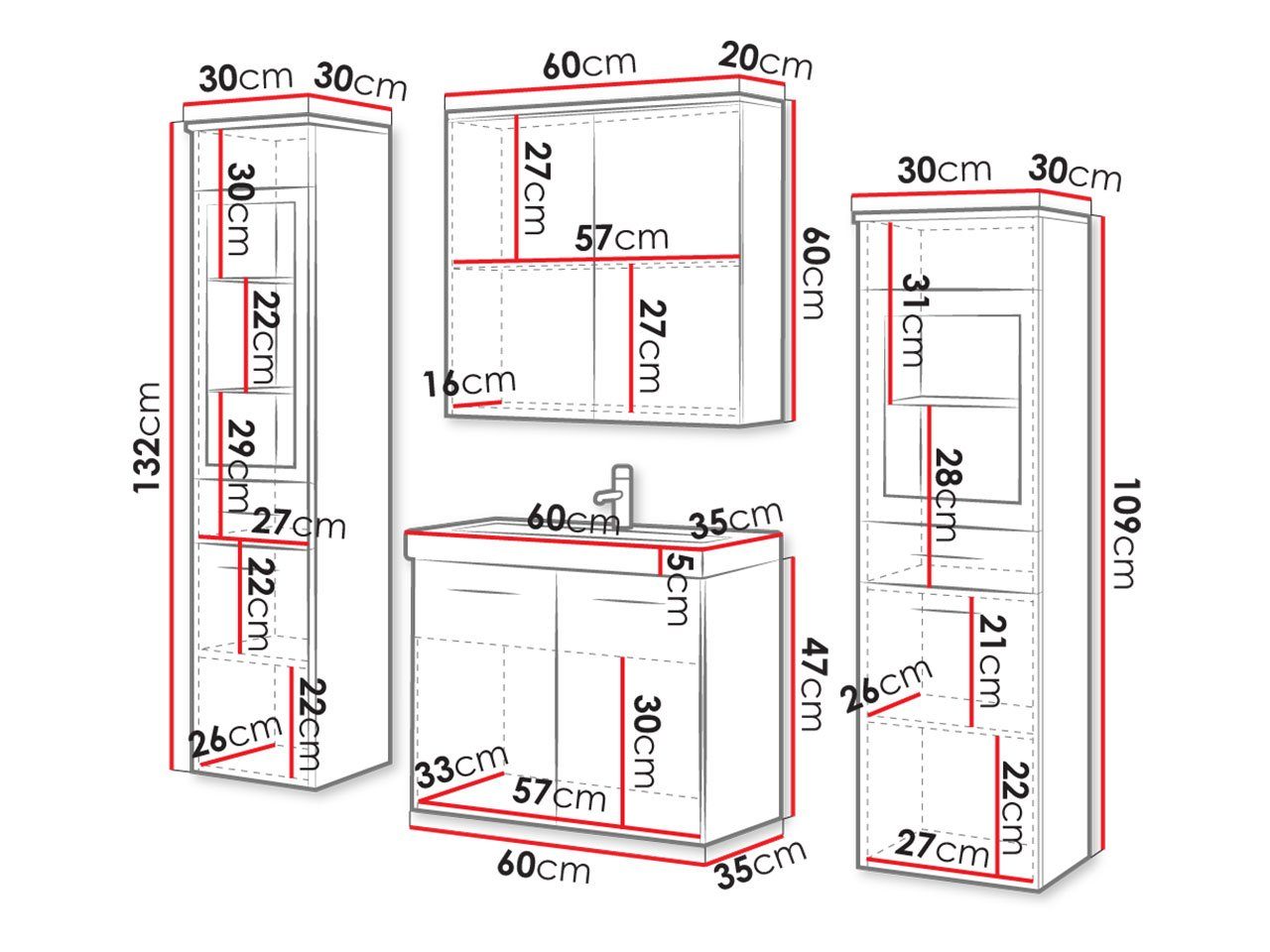 Mirjan24 Badmöbel-Set Madrit II, (5er-Set, Waschbeckenschrank, 2x Hochschrank, Spiegelschrank, Waschbecken), Modernes Badezimmer, Komplett