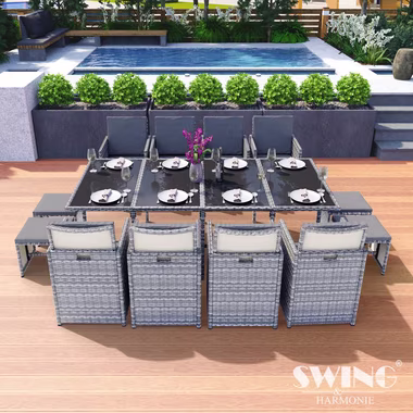 Swing&Harmonie Garten-Essgruppe Poly Rattan Sitzgruppe Esstisch Lounge Gartenmöbel Sitzgarnitur Tisch, Stühle, Hocker Garnitur Set
