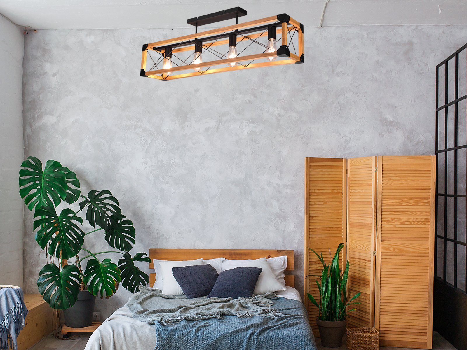 meineWunschleuchte LED Deckenleuchte, LED wechselbar, 4x E27 8 Watt, 1055 Lumen, Warmweiß, Coole ausgefallene Holzlampe Decke Holz-Balken rustikal 100cm lang