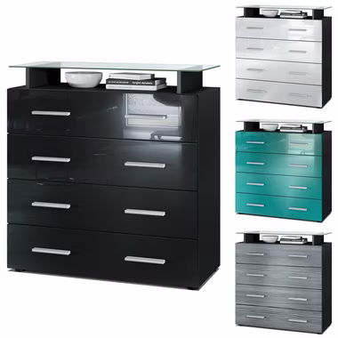 Vladon Kommode Pavos (Kommode, mit 4 Schubladen und Glasablage), Schwarz matt/Weiß Hochglanz (76 x 81 x 35 cm)