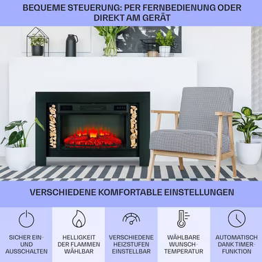 Klarstein Elektrokamin Studio Loft 2 Elektrokamin, elektrischer Kaminofen mit Heizung LED-Beleuchtung, Timer Schwarz