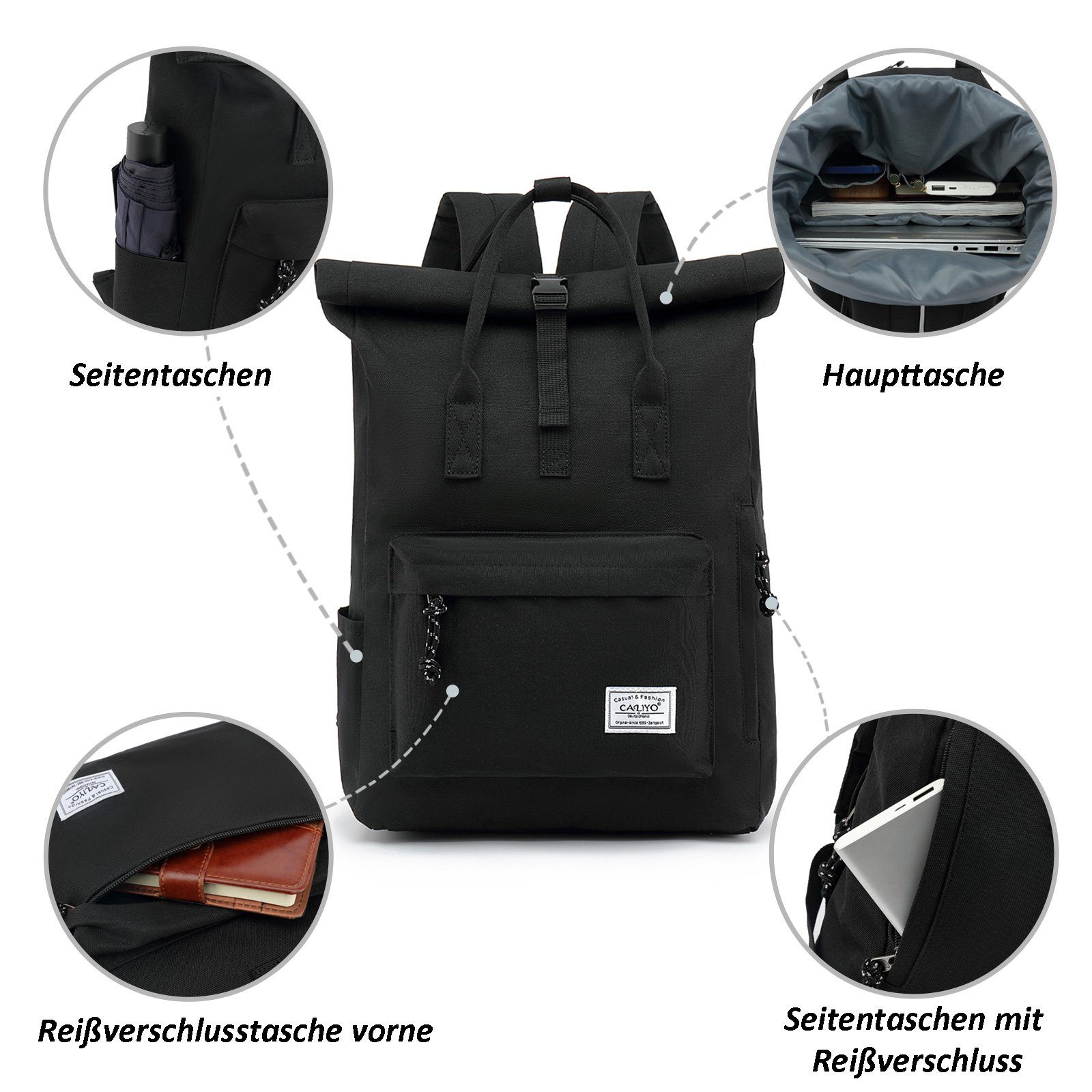 TAN.TOMI Cityrucksack Rucksack Damen Herren Tagesrucksack mit Laptopfach, Modern Rolltop Rucksack Daypack, Wasserdichter