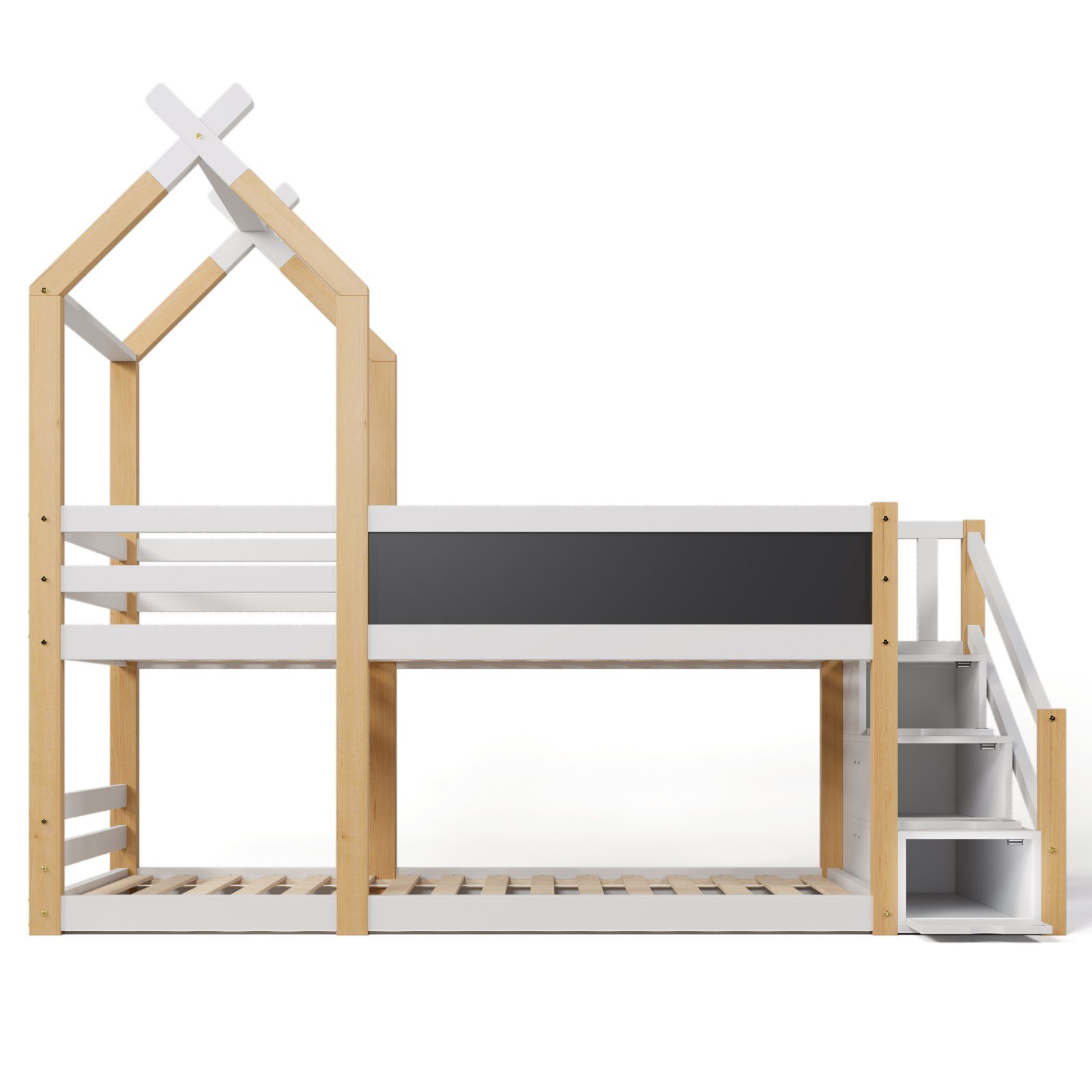 FUROKOY Holzbett Baumhaus Tafel Bett mit Speicherung und Rausfallschutz mit Wandtafel, , Etagenbett Hochbett 90 x 200 cm Natur & Weiß