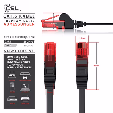 CSL LAN-Kabel, CAT.6, RJ-45 (Ethernet) (200 cm), CAT 6 Flachband Netzwerkkabel Gigabit 1000Mbit/s Patchkabel flach 2m