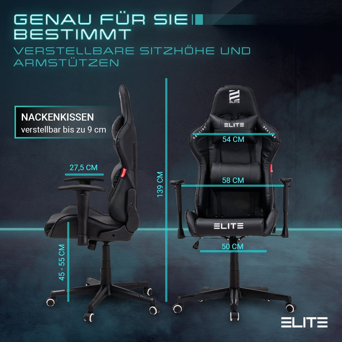 ELITE Gaming Gaming-Stuhl Ergonomischer Bürostuhl Destiny inkl. Rücken- & Nackenkissen (Drehstuhl mit 2D-Armstützen, verriegelbare Wippmechanik, mechanische Härtegradeinstellung, verstellbare Sitzhöhe, 90° klappbare Rückenlehne, Sicherheits-Doppelrol