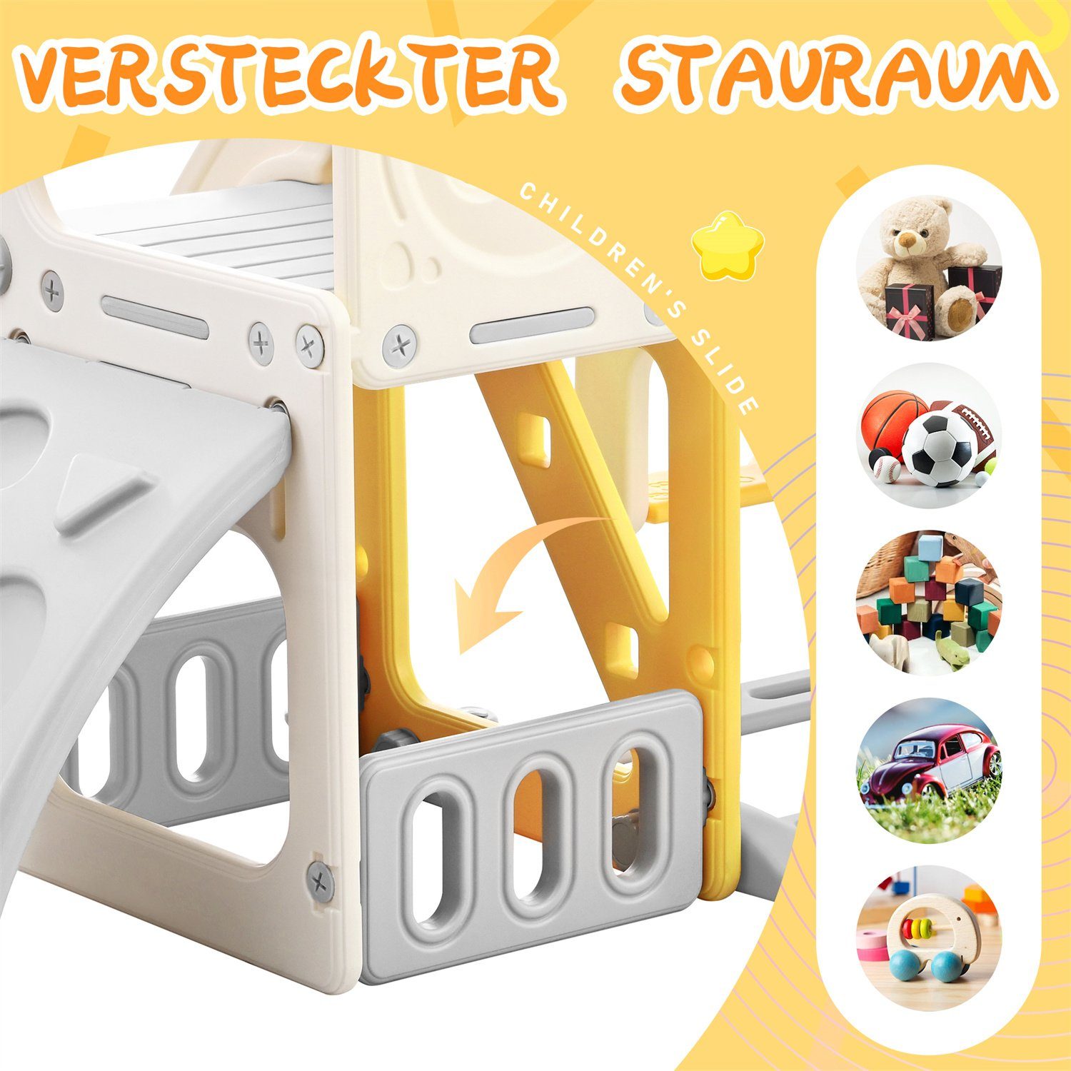 Fangqi Indoor-Rutsche 5 in 1 Kinderrutsche und Kletterspielzeug, Kinderspielzeug,Unisex, (Kinderrutsche, Klettern, Aufbewahrung, Schaukel, Basketballkorb. Hergestellt aus HDPE. Mit Cartoon Bild)
