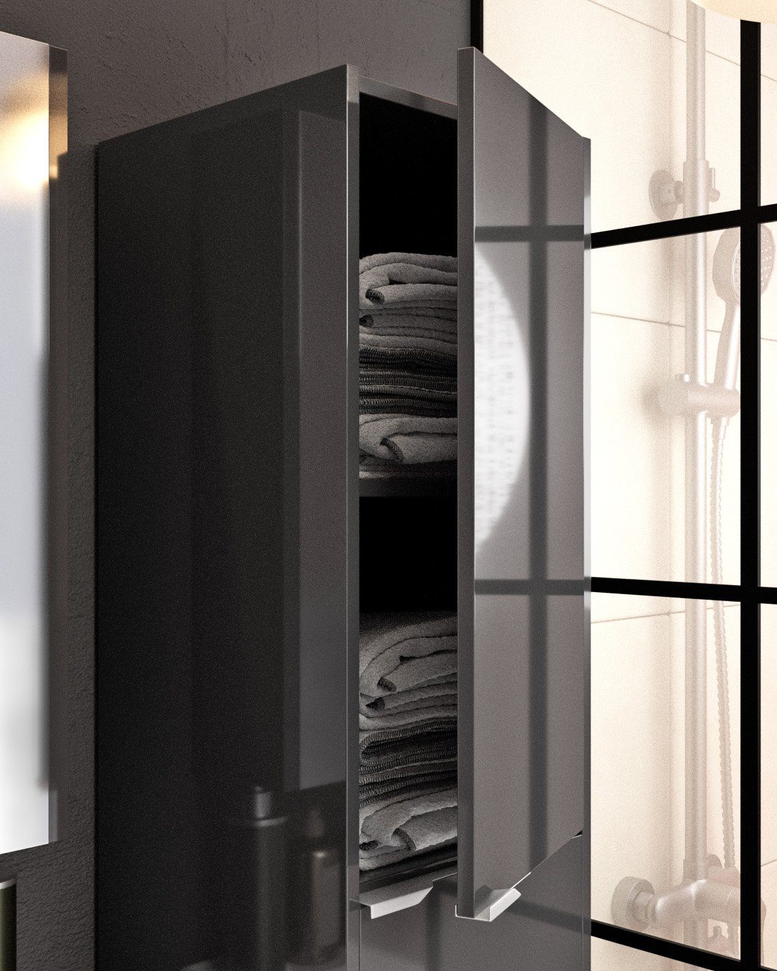Karen Badmöbel-Set Lotus, (Komplett-Set, Standartmäßig 3-Teilig (Unterschrank, Spiegelschrank, Waschbecken), Optionaler Hochschrank, Unterschrank mit Schubladen, Spiegelschrank mit Türen & Regalen), Innovatives Design, Highgloss, Softclose, Griffleis