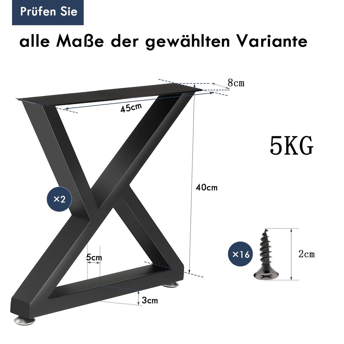 oyajia Tischbein Tischkufen X-Form aus Vierkantprofilen 50x30 mm, Tischgestell Schwarz, 2 Stück mit Schrauben & Bodenschoner, für Esstisch Couchtisch Sitzbank