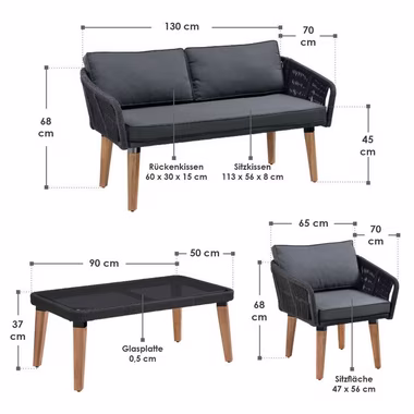 Juskys Gartenlounge-Set Neapel, (4-tlg), Seilgeflecht Sofa mit Tisch, 2 Sessel und Polster, für 4 Personen