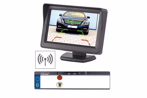Lescars Lescars Funk-Rückfahrkamera 10,9-cm-TFT-Monitor Nummernschild Rückfahrkamera (480 x 272 Pixel, 2x Video-Cinch und Strom-Adapterstecker mit 45cm Länge, Übertragung via Funk, somit keine Kabelverlegung nach Vorne nötig)