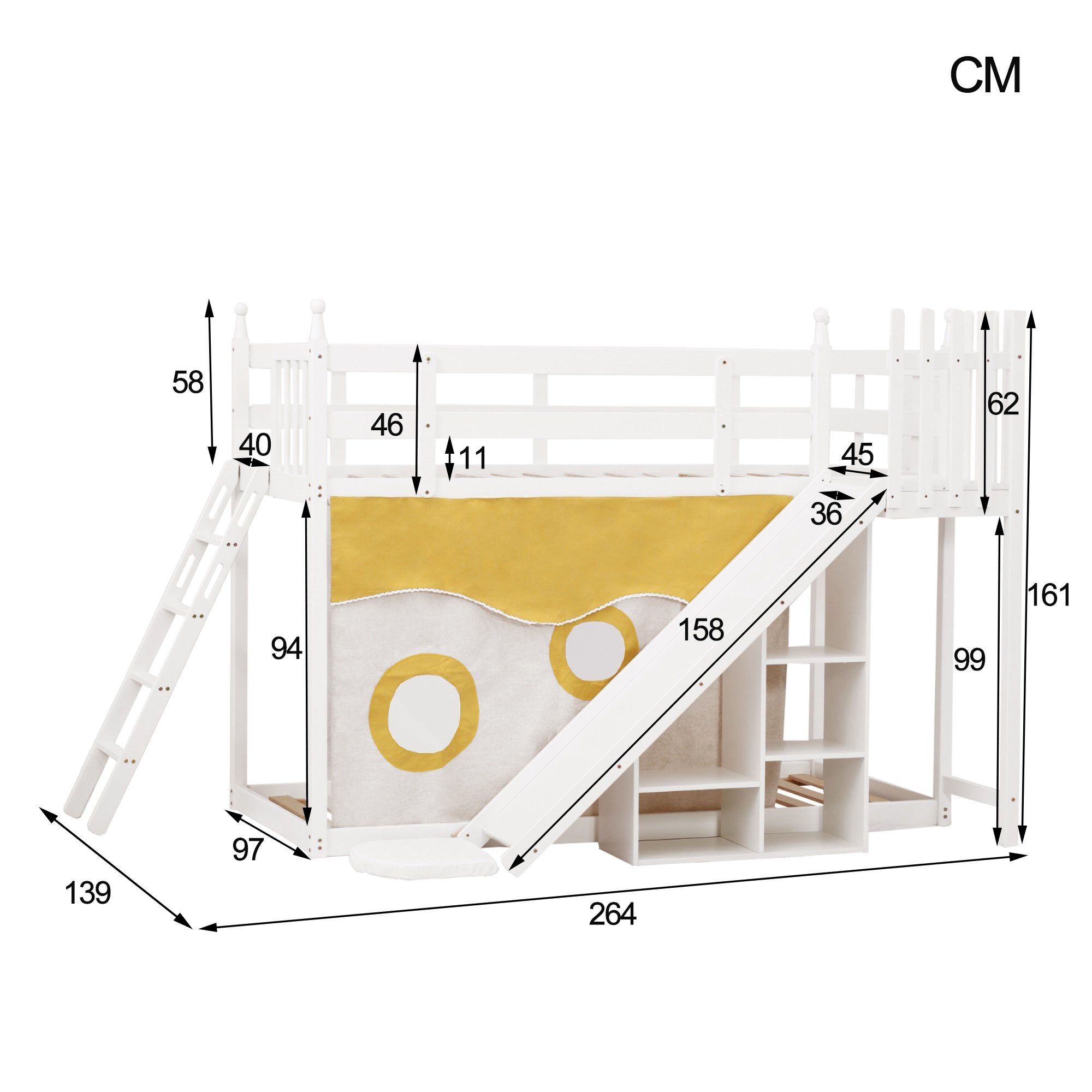 OKWISH Bett Kinderbett, Etagenbett, Holzbett mit Treppe und Zäune (mit Bettvorhang, Rutsche und Regal, mit Fallschutz und Gitter, Rahmen aus Kiefer, 90x200cm), Ohne Matratze