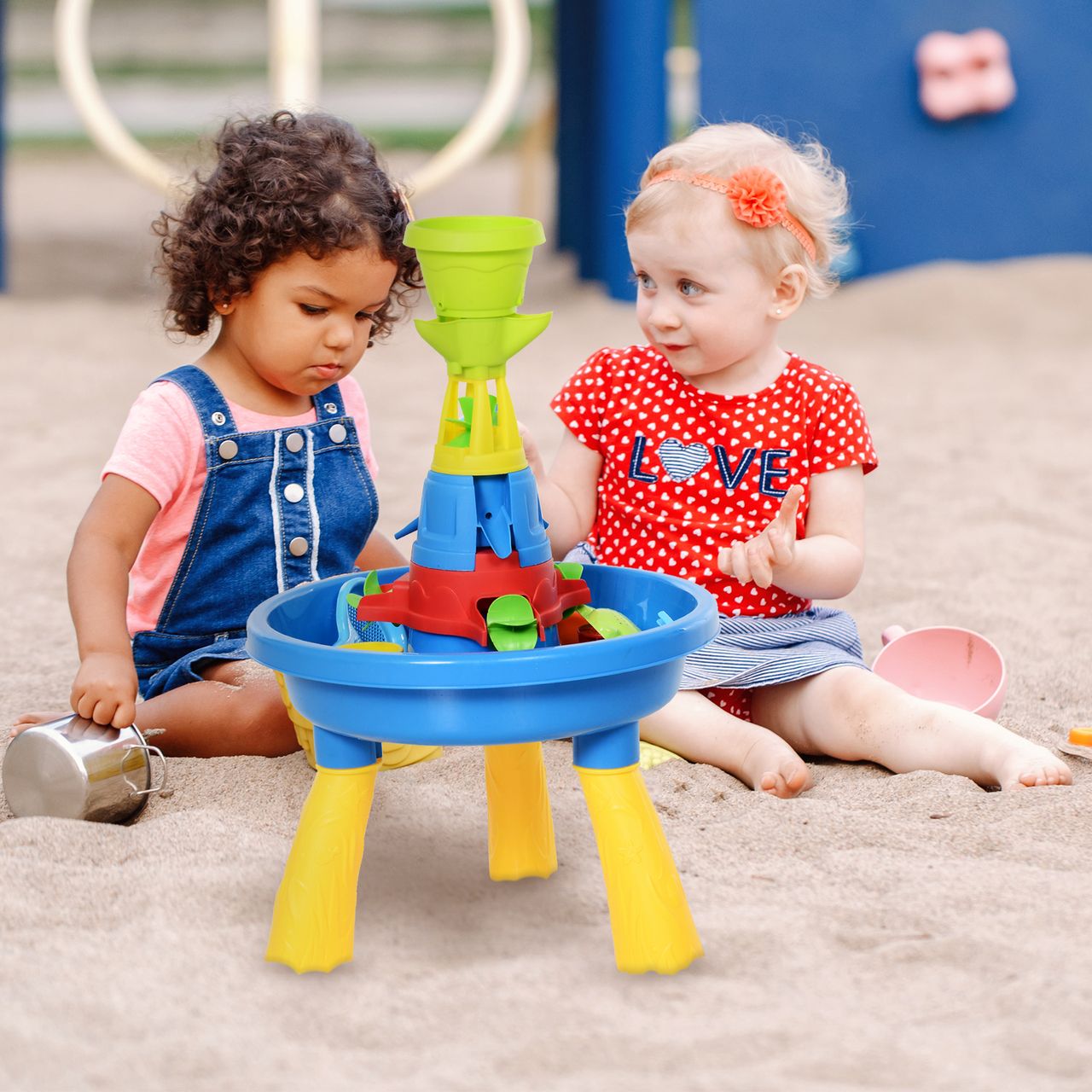 HOMCOM Kinder Spieltisch, Sandkastentisch mit 21-tlg. Zubehör, Wasserpark, Lernspielzeug, Baby Spielzeug ab 3 Jahren, PP, Bunt, 46 x 46 x 72 cm