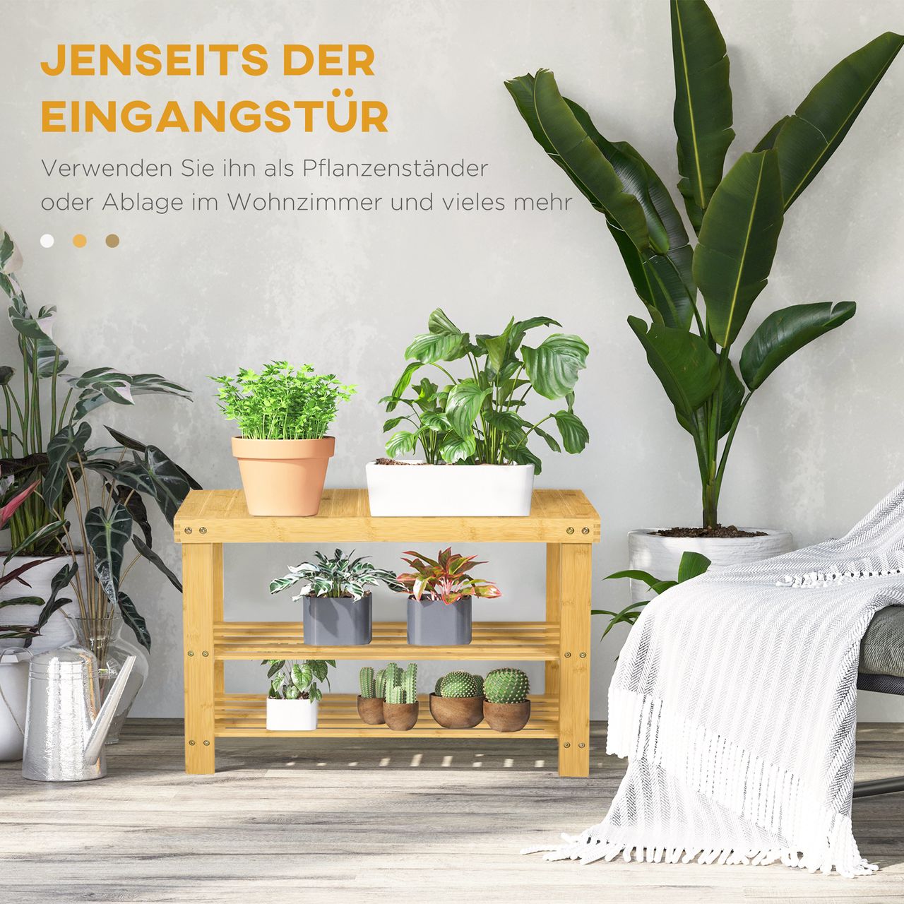 HOMCOM Schuhbank, Schuhregal mit 3 Etagen, Sitzbank aus Bambus für 6 Paar Schuhe