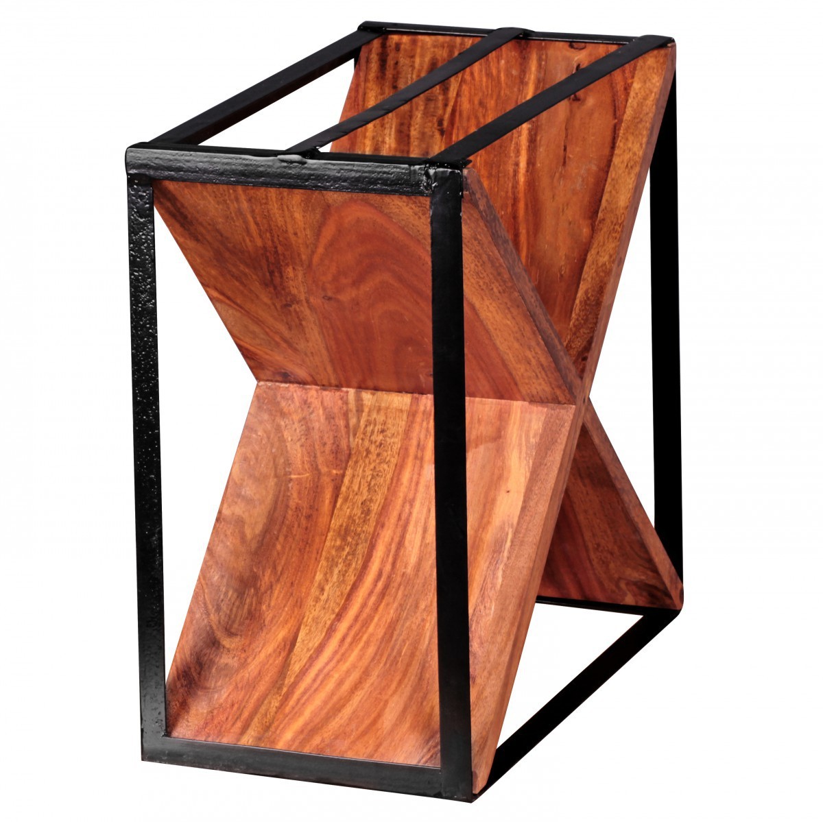 Wohnling Weinregal Massiv-Holz Sheesham Flaschenregal Standregal für ca. 16 Flaschen mit Metallrahmen Holzregal X-Form