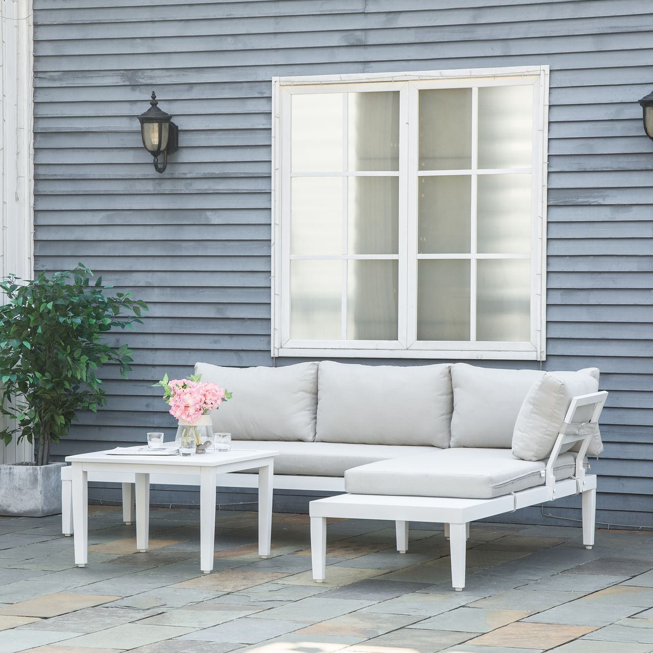 Outsunny 3-teiliges Gartenmöbel-Set mit Beistelltisch Balkonmöbel Set Sofa mit Kissen L-Form Outdoor Aluminium Cremeweiß