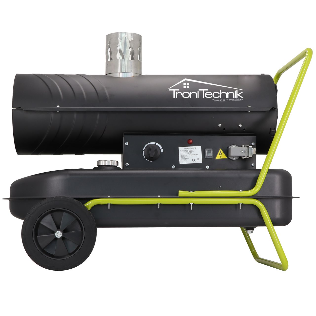 TroniTechnik TT-HK-244 Heizkanone Dieselkanone Heizlüfter 20kW mit Handgriff, Rohrrahmen, Rädern und Abluftauslass