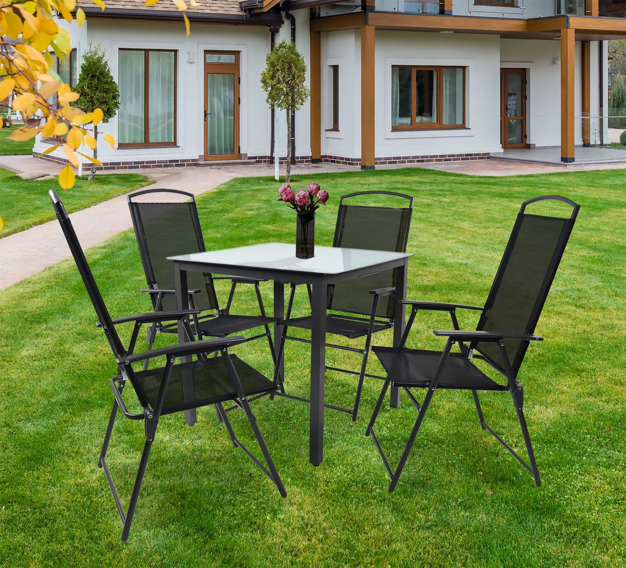 VCM 5-tlg Gartenmöbel Sitzgruppe Gartenmöbel Glas Tisch Stühle Hochlehner Set 80 Mattglas