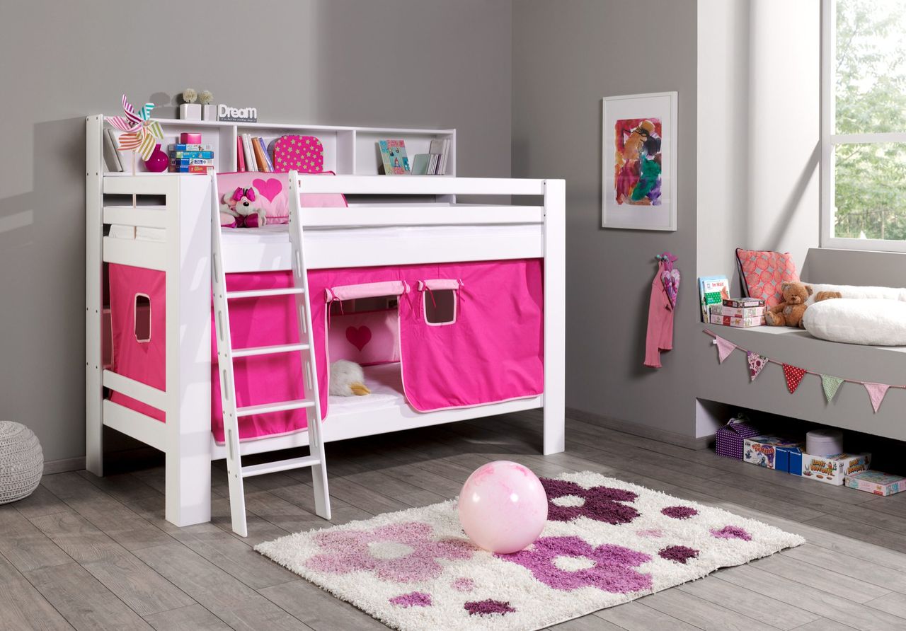 Relita Etagenbett Jan mit Bücherregal und Vorhang pink/rosa