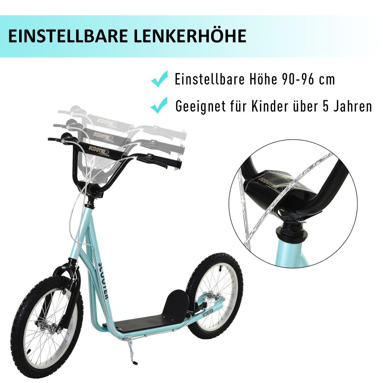 HOMCOM Tretroller Kinderroller Scooter Cityroller Luftreifen verstellbar Hellblau