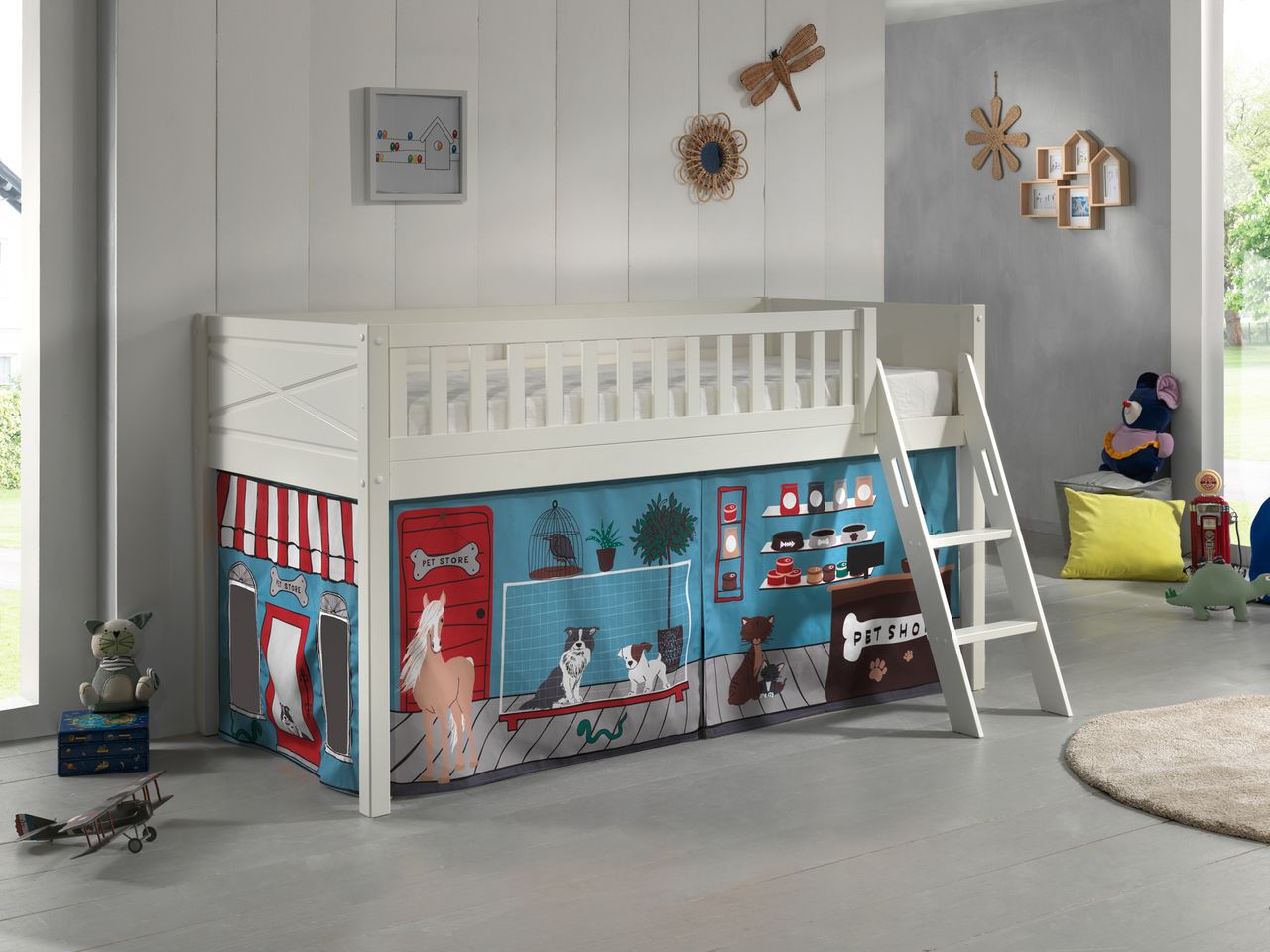 VIPACK Spielbett SCOTT, LF 90 x 200 cm, mit Rolllattenrost, Leiter und Textilset 