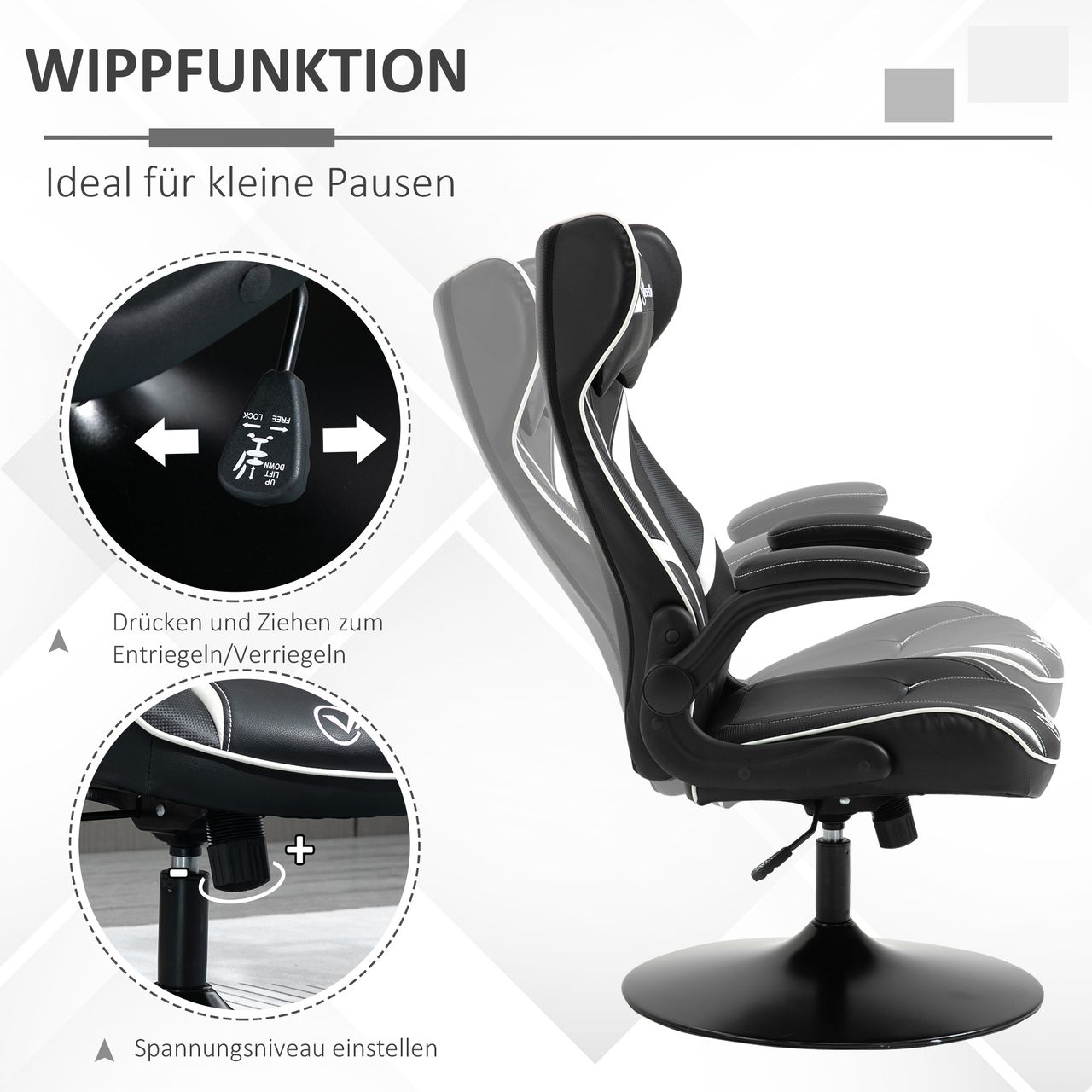 Vinsetto Gaming Stuhl ergonomischer Computerstuhl Stahl Schwarz Weiß 67 x 75 x 106-112 cm