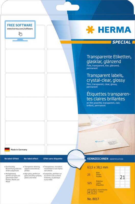 HERMA Transparente Etiketten 8017 Rechteckig DIN A4 63,5 x 38,1 mm 25 Blatt à 21 Etikett
