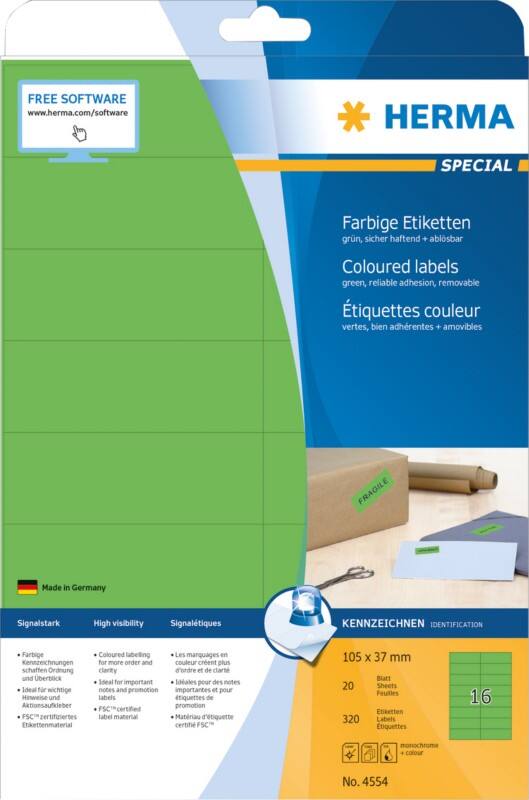 HERMA Farbige Multifunktionsetiketten 4554 Grün Rechteckig 105 x 37 mm 20 Blatt à 16 Etiketten