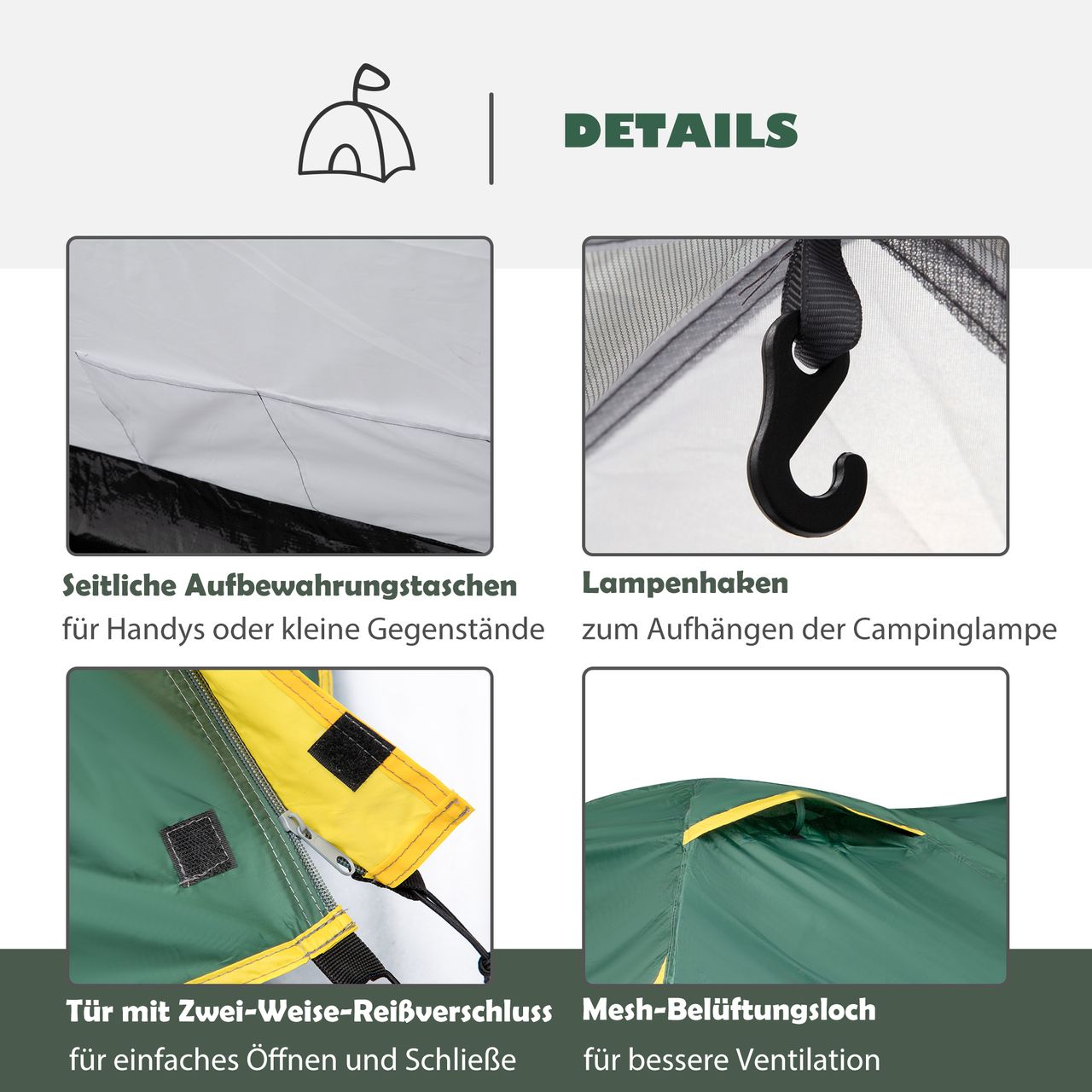 Outsunny Zelt für 3-4 Personen 190T Campingzelt mit Heringen Grün Gelb 325 x 183 x 130 cm