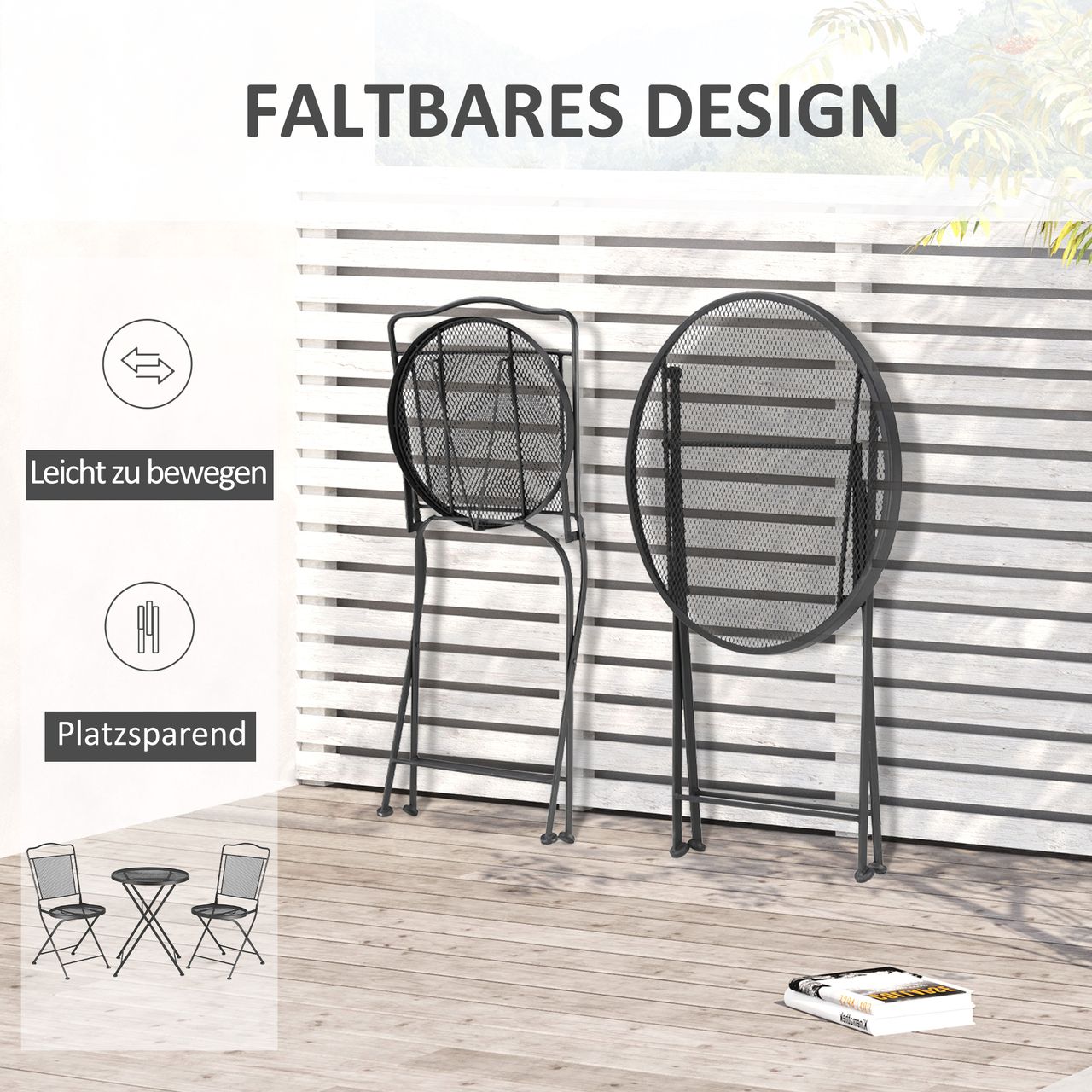 Outsunny Sitzgruppe 3-teilige Essgruppe Bistro-Set Gartenmöbel-Set Balkonmöbel Set 1 Tisch 2 Stühle mit Schirmloch Terrasse Metall Schwarz