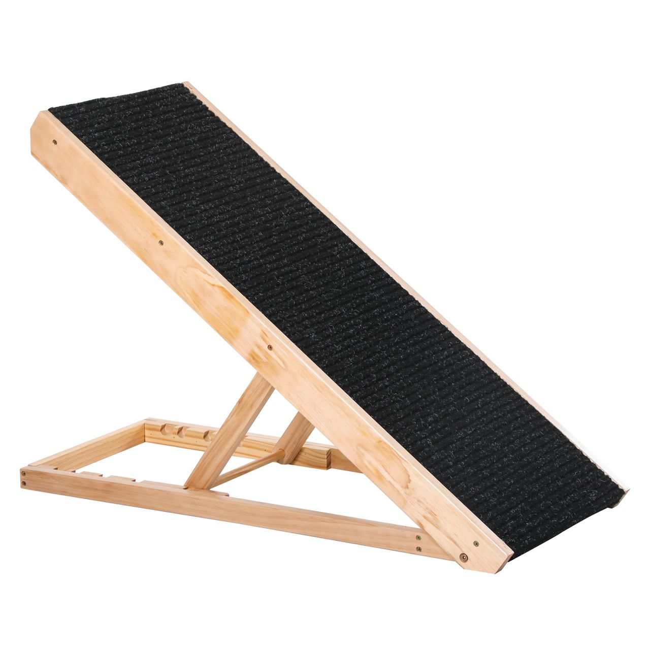 PawHut Haustierrampe mit rutschfestem Teppich verstellbarer Haustierleiter Hunderampe für großen Hund Kiefernholz Polyester Schwarz Naturholz 90B x 40T x 61H cm