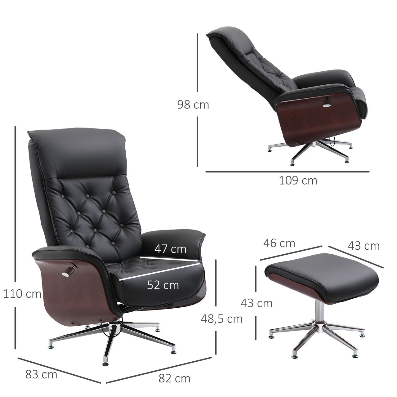 HOMCOM Relaxsessel mit Hocker Fernsehsessel Polstersessel 360° drehbar 145° neigbar Chesterfield PU-Bezug Holzverkleidung Metallfuß Schwarz 82 x 83 x 110 cm