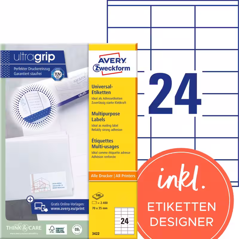 AVERY Zweckform ultragrip Universaletiketten 3422 Selbsthaftend DIN A4 Weiß 70 x 35 mm 100 Blatt à 24 Etiketten